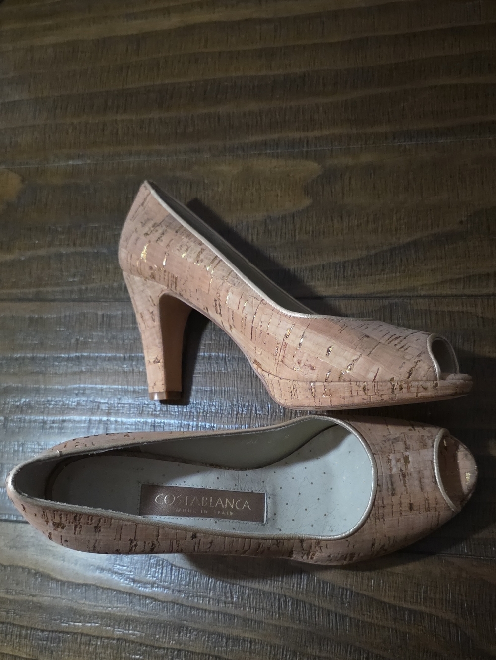Costa Blanca Nude Cork Peep-Toe Heels with Subtle Gold Accents